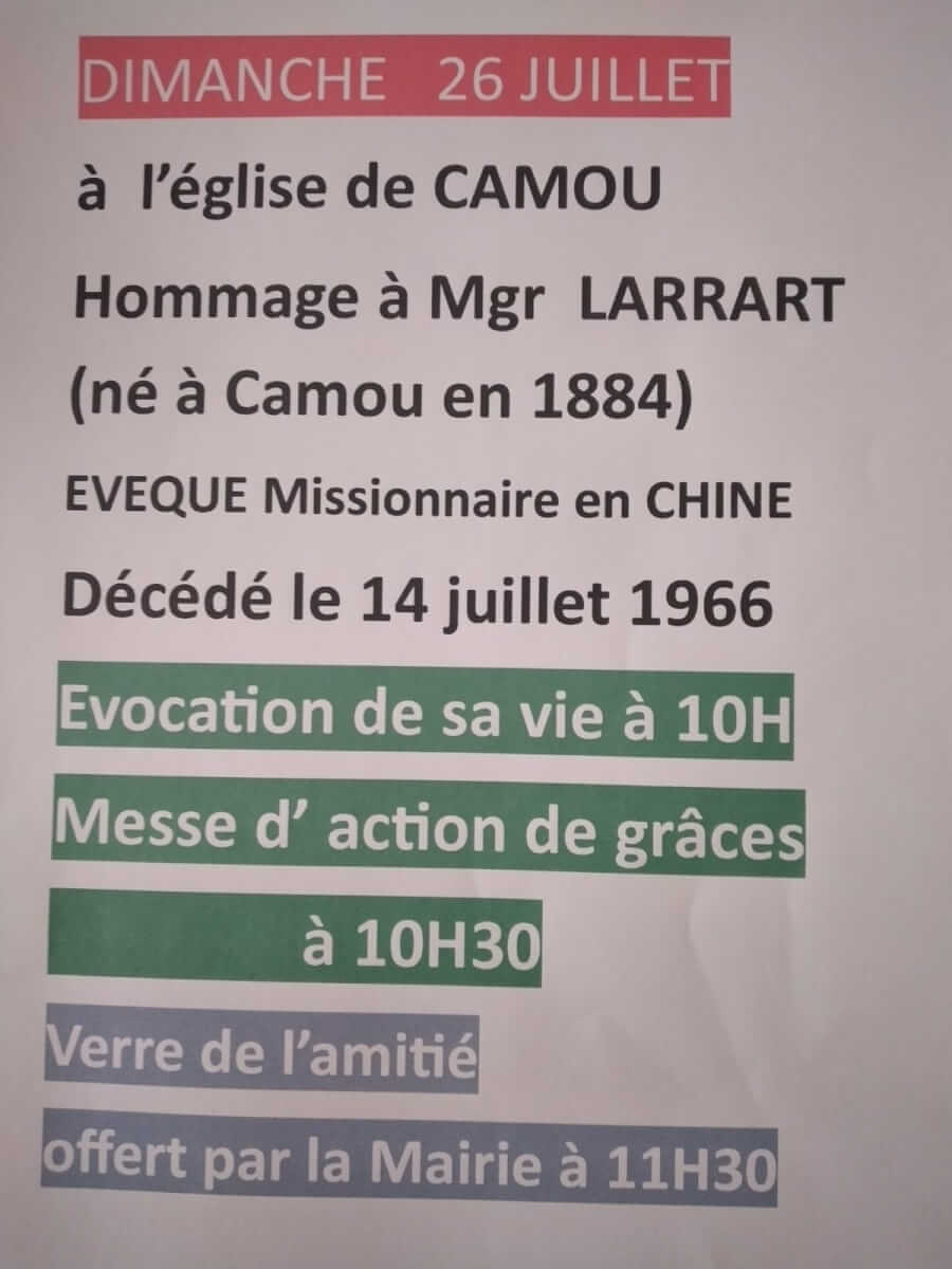 Hommage à Mgr LARRART, Evêque Missinnaire en Chine